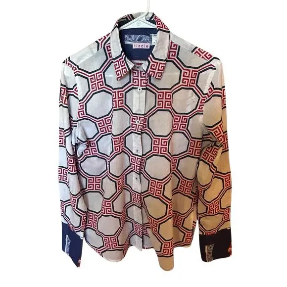 TIZZIE Women’s 100% Cotton Collared Long Sleeve Red White Blue Top Blouse Size M - Picture 2 of 12